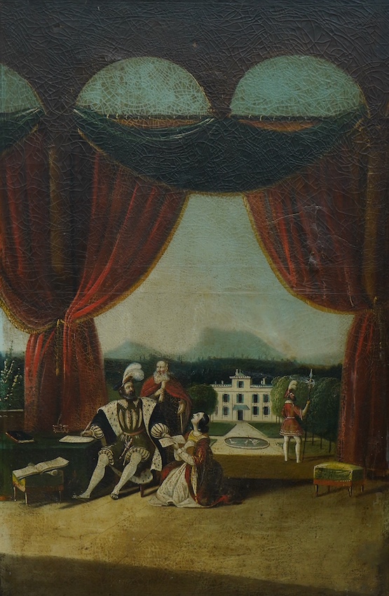 19th century, oil on canvas, Theatrical figures on a terrace, unsigned, 90 x 60cm. Condition - poor